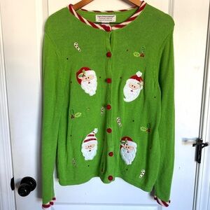 Tiara International Christmas Collection Green Santa Sweater Size XL